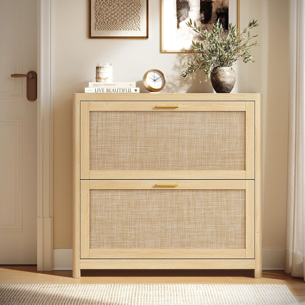 VASAGLE Boho Shoe Storage Cabinet, Slim, Rattan-Look Flip Drawers
