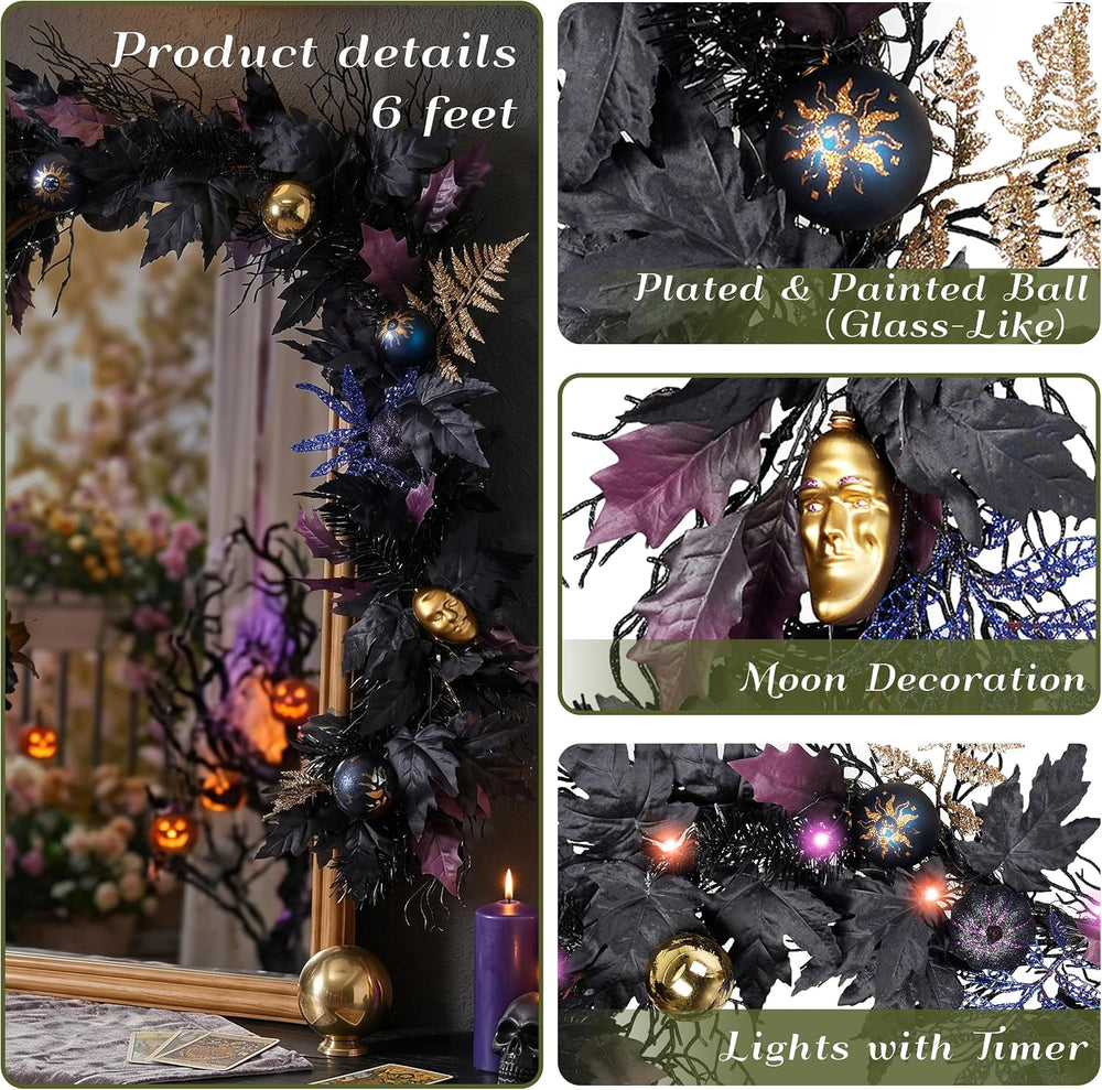 DecorbyHannah 6ft Halloween Garland for Mantle with Lights Black Leaf Decor