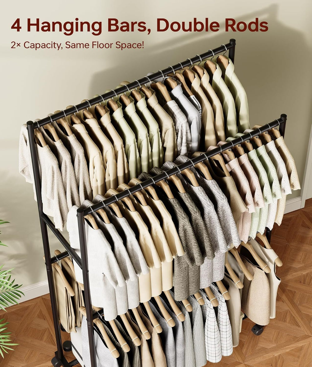 Clothes Rack - 36.2" x 21.3" x 72", 4-Bar Double Rod Rolling M...