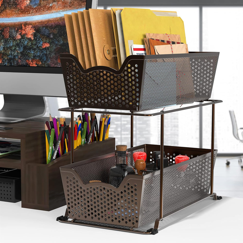 Simple Houseware Cabinet 2 Tier Perforated Basket Drawer, Bronze - 2 Pack