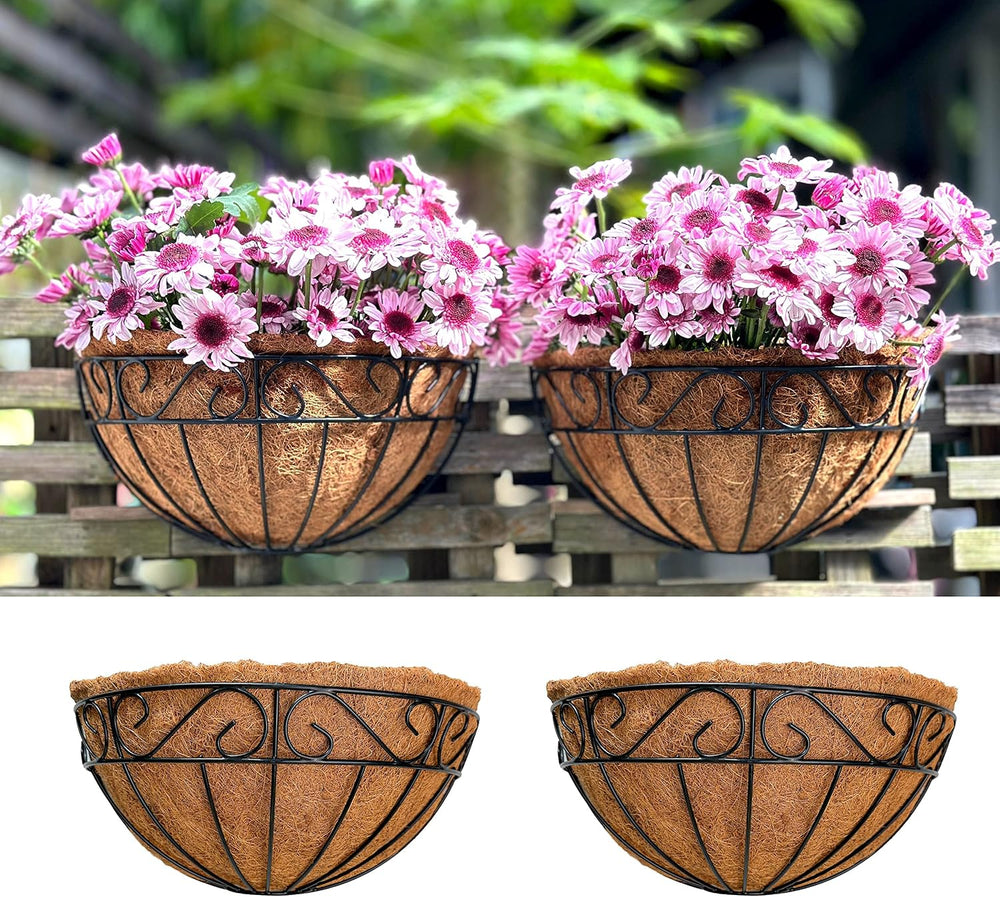 LaLaGreen Fence Wall Planter (16 in, 2 Pack) Black Metal Coco Liner Baskets