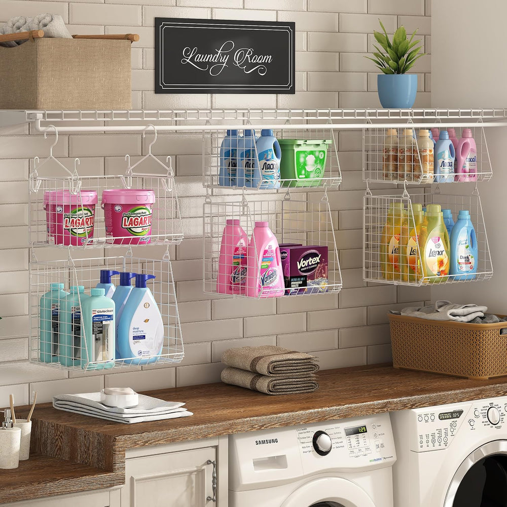 4-Tier Hanging Laundry Room Organizer: Foldable Wire Shelf Basket with 2 Larg...