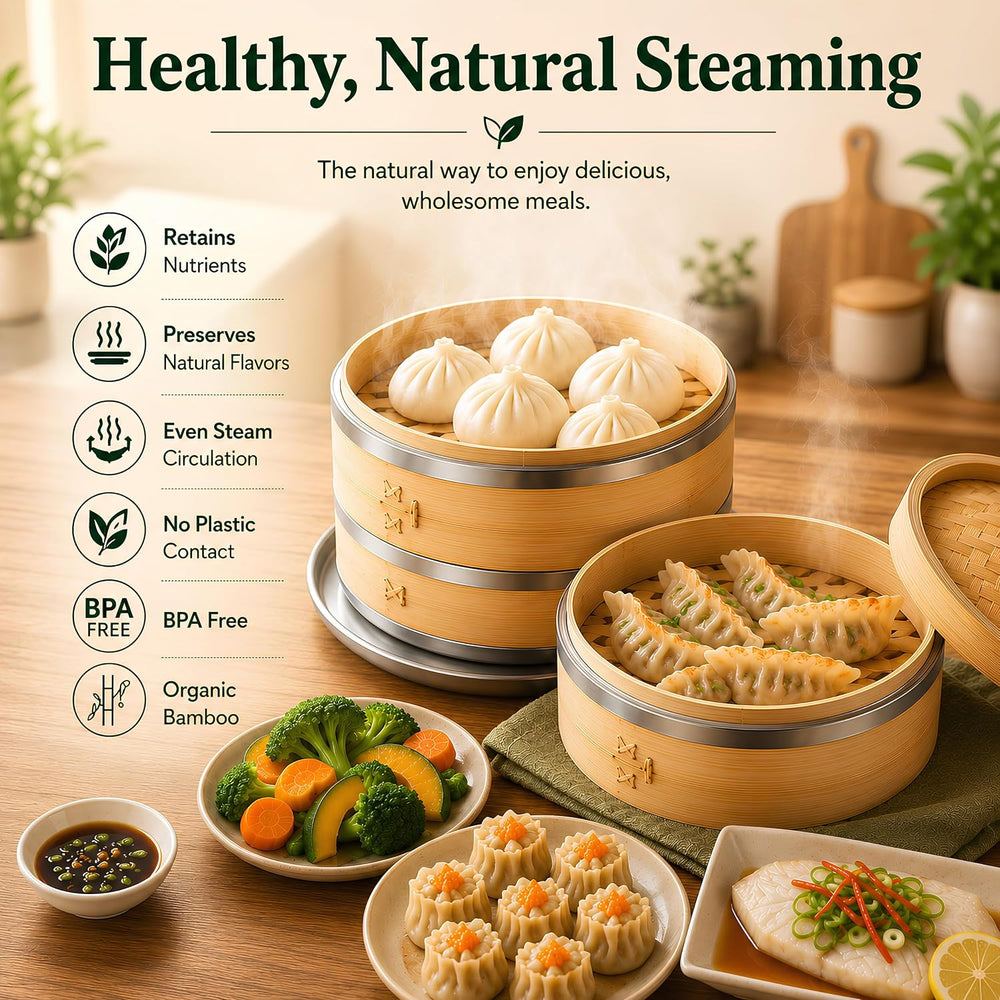 Naturaceutica's Bamboo Steamer Basket 10 Inch With Ring, 2 Tier Dumpling ...