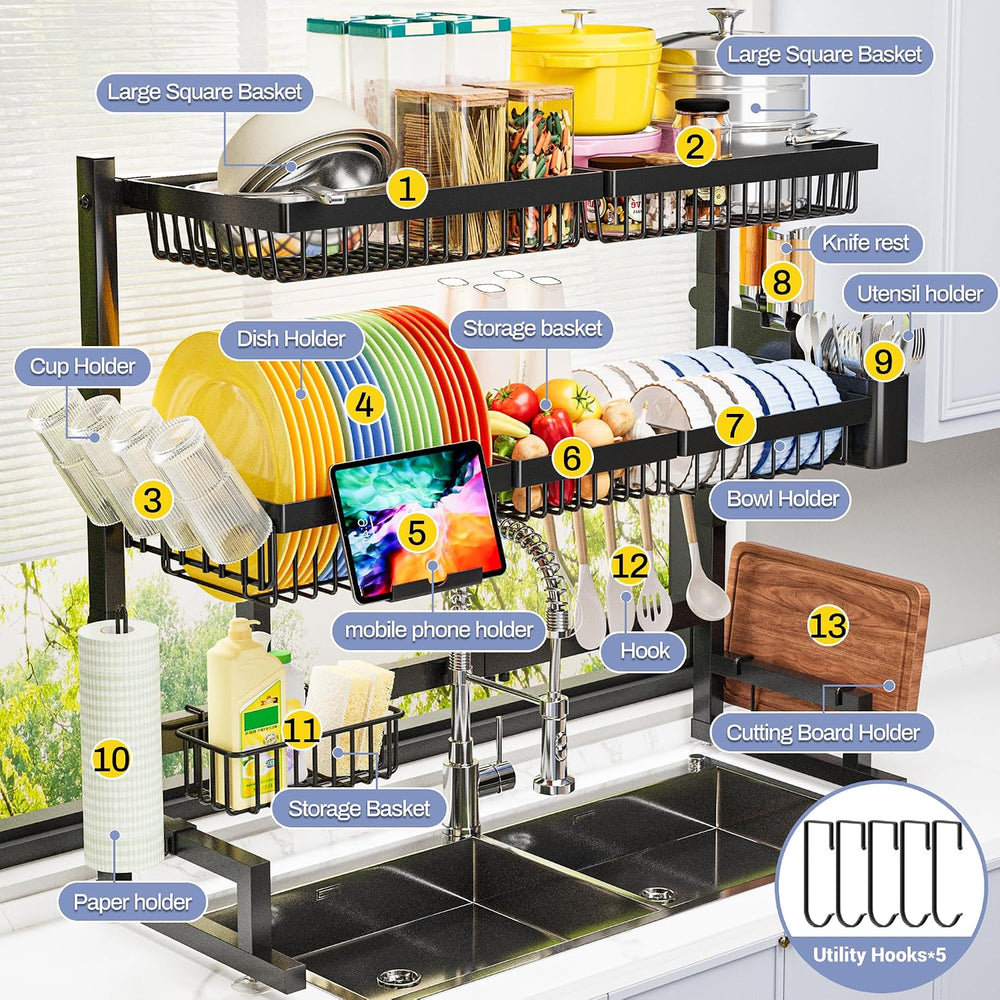 ADBIU Over The Sink Dish Drying Rack (Expandable Height and Length) Snap-On D...