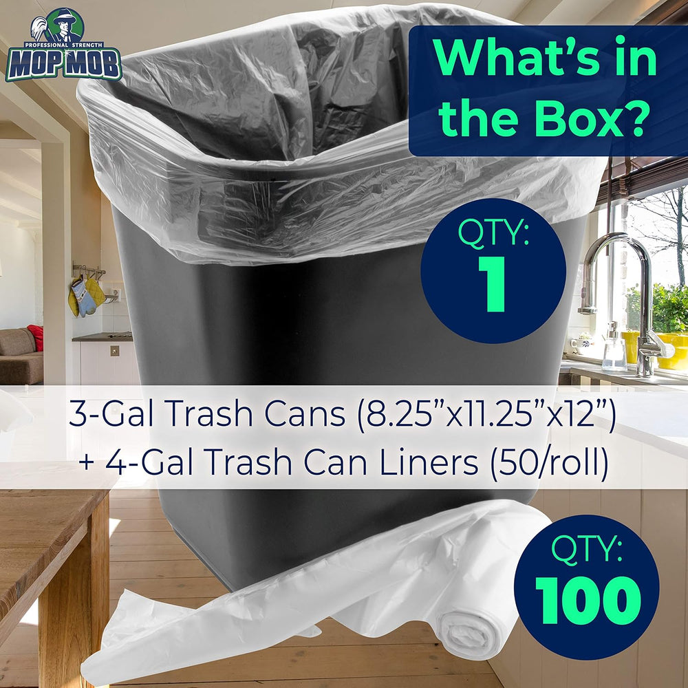 Space-Saving Trash Can and 100x 4 Gal. Leak-Proof Liners Set. Small Black Pla...