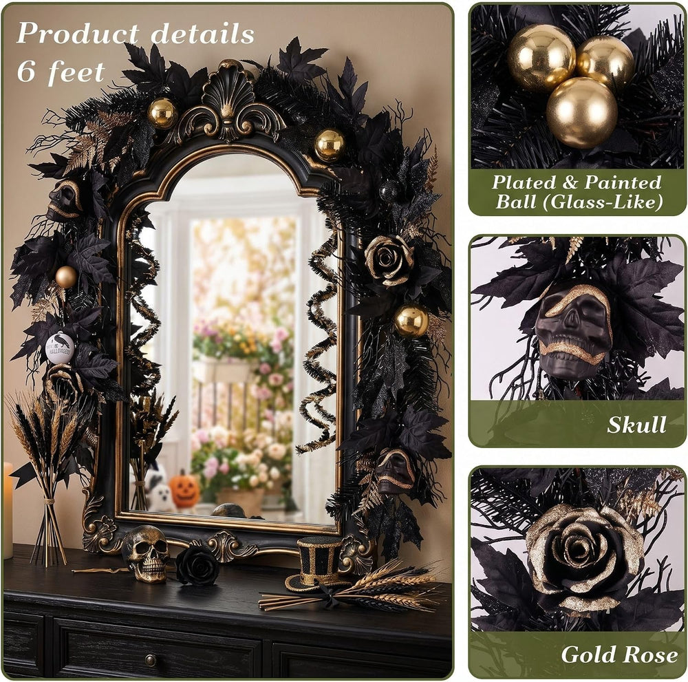 DecorbyHannah 6ft Halloween Garland for Mantle with Lights Black Rose Decor