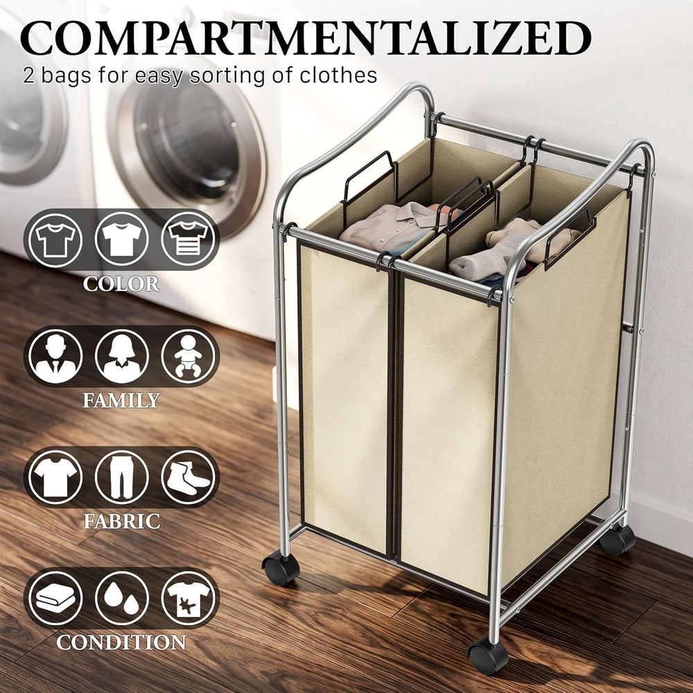 Simple Houseware 2-Bag Heavy Duty Laundry Sorter Rolling Cart, Chrome