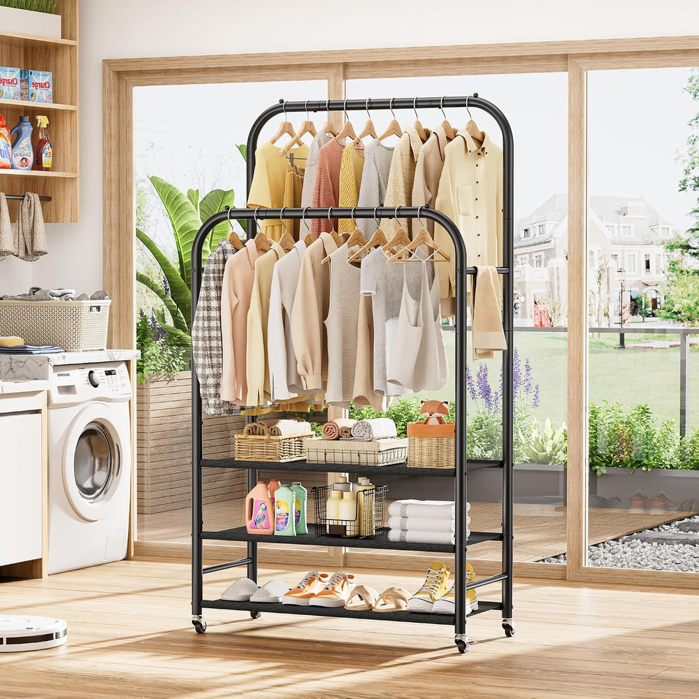 HOMIDEC Clothes Rack,Double Rods Clothing Rack with 3 Tier Shelve&Wheels