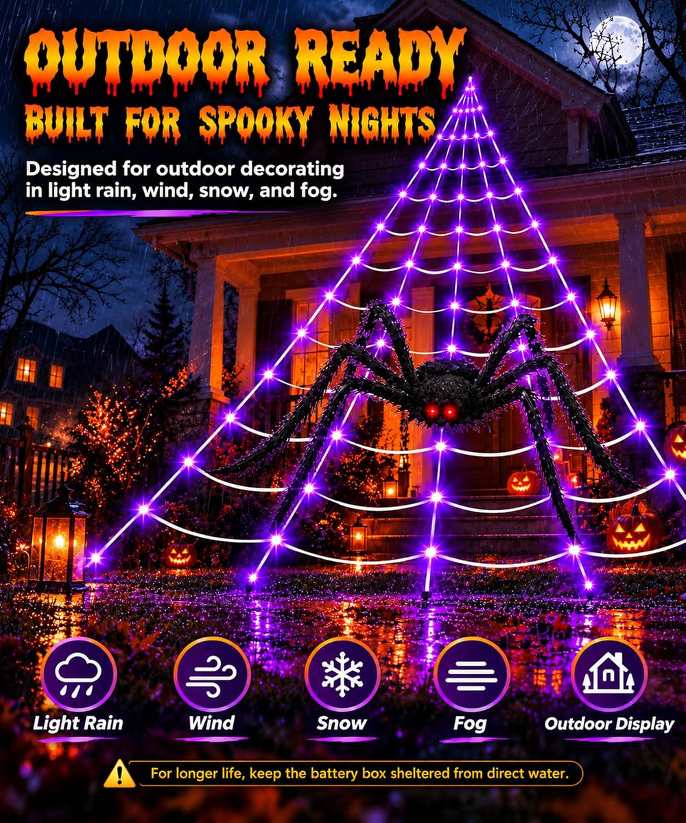 Giant Lighted Spider Web Halloween Decorations, 16.4 FT Web with 250 Purple L...