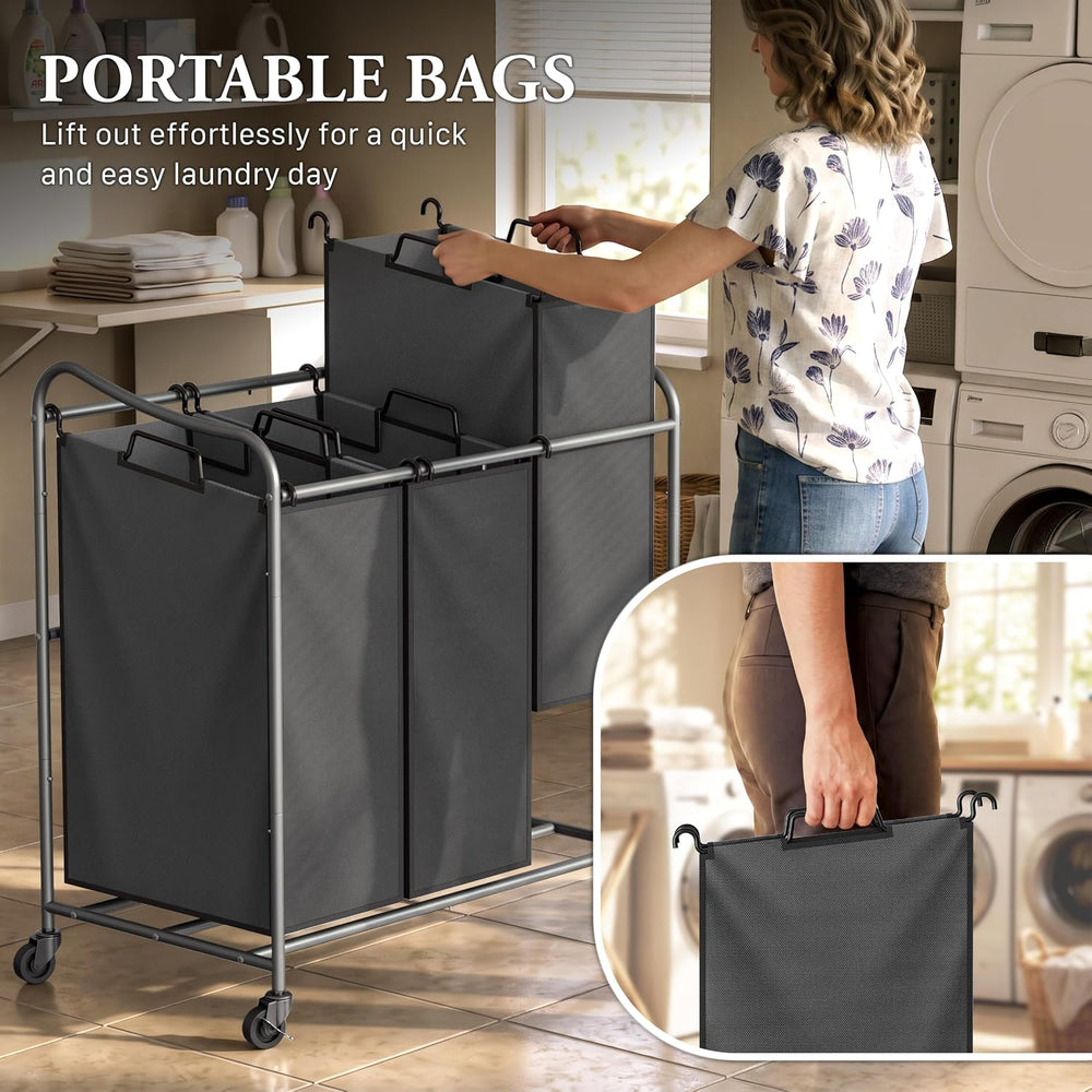 Simple Houseware Heavy Duty 3-Bag Laundry Sorter Rolling Cart, Dark Grey