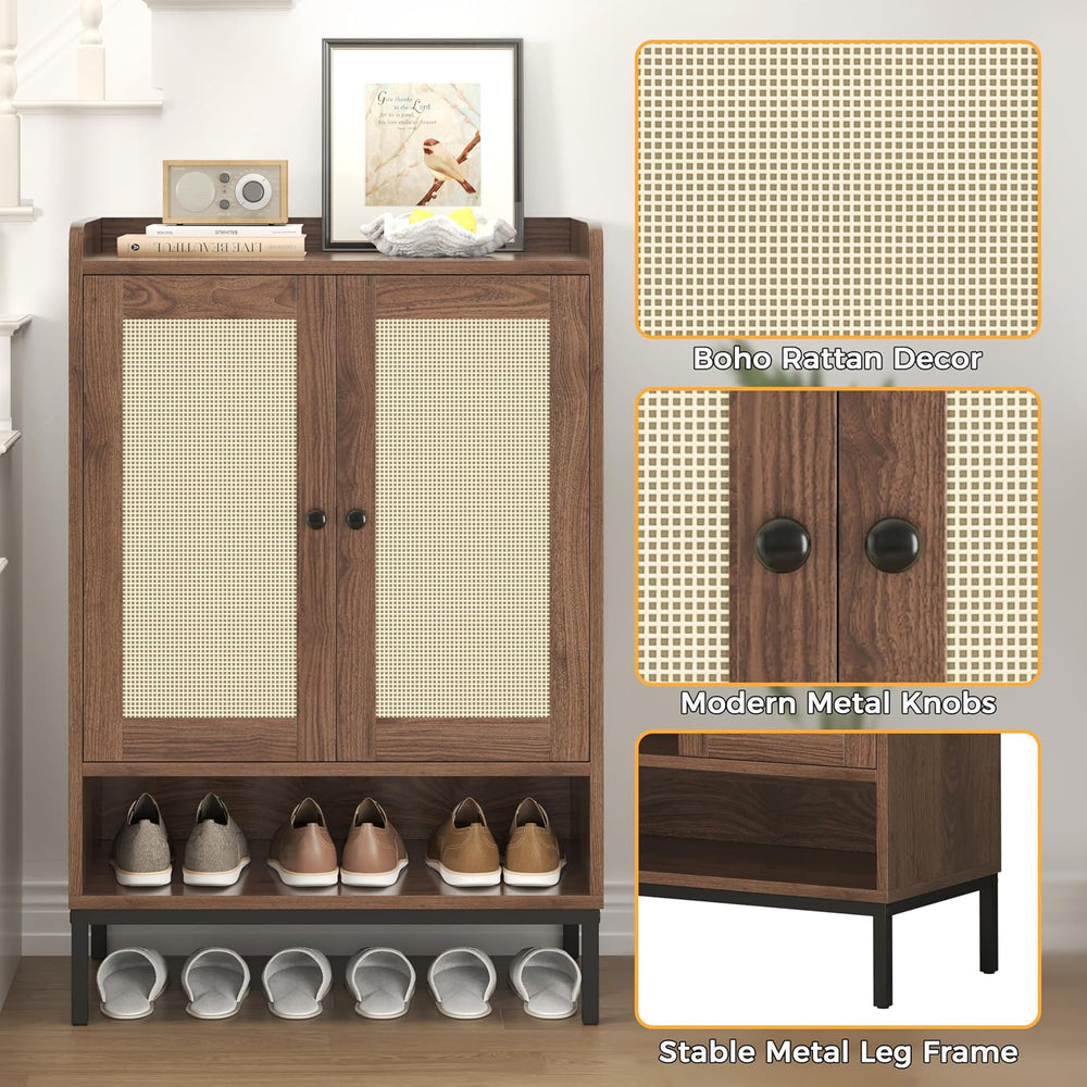 JASIWAY Shoe Cabinet for Entryway, Rattan Shoe Rack Organizer with Doors