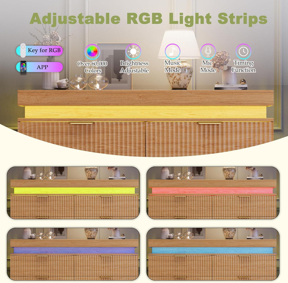 Fluted 6 Drawer Dresser LED Lights & Charging Station, Natural Oak