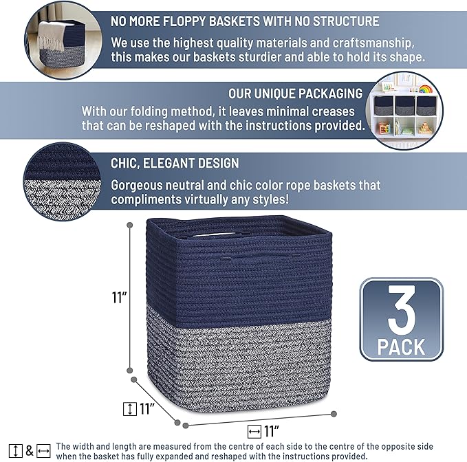 NaturalCozy Storage Cubes 11 Inch Cotton Rope Woven Baskets (3-Pack)