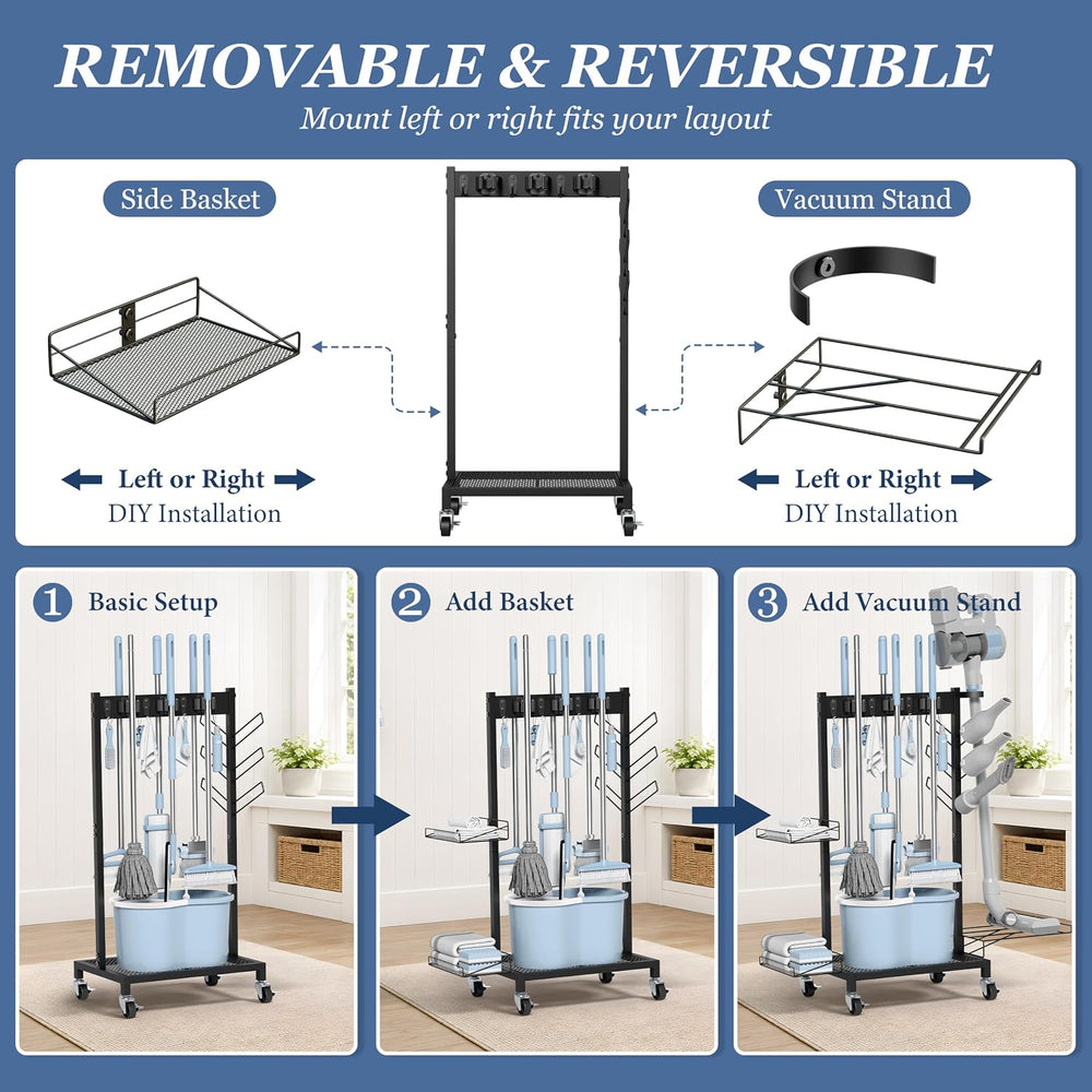 Broom Holder Cleaning Cart, Cleaning Supplies Organizer Adjustable