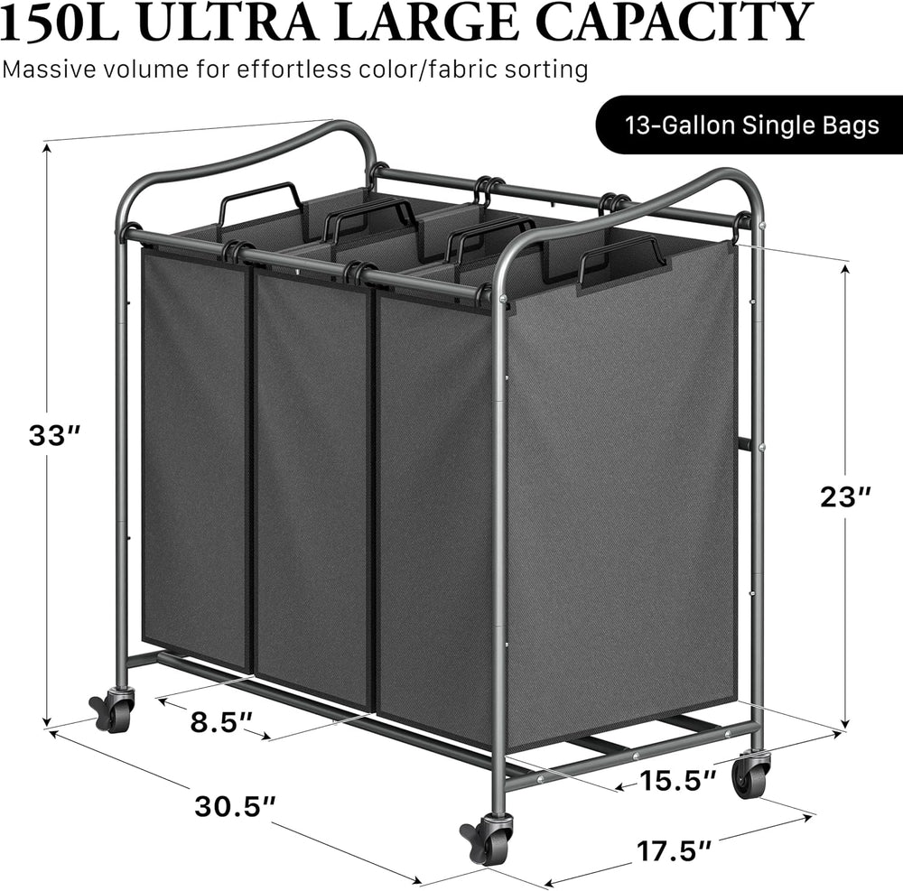 Simple Houseware Heavy Duty 3-Bag Laundry Sorter Rolling Cart, Dark Grey