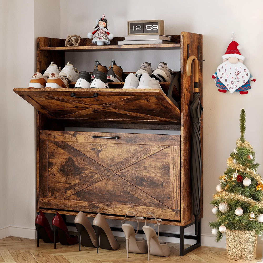 NUNU LAB Farmhouse Shoe Cabinet Storage for Entryway with 2 Flip Drawers &amp...