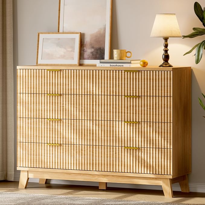 Fluted Dresser with 8 Drawers, Wooden Dresser TV Stand, Wood Closet Clothes