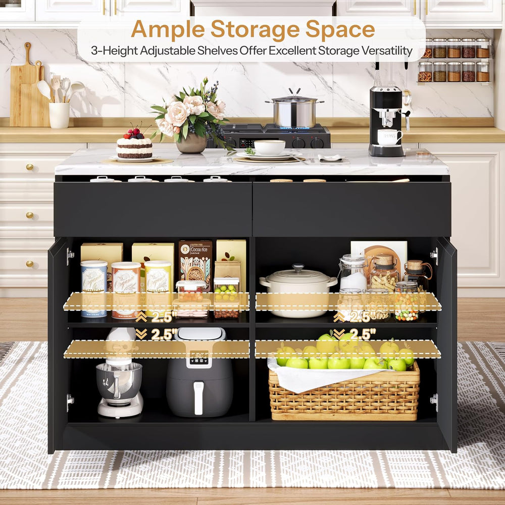DynJest Kitchen Island with Storage, 47.2" Large Faux Marble Countertop