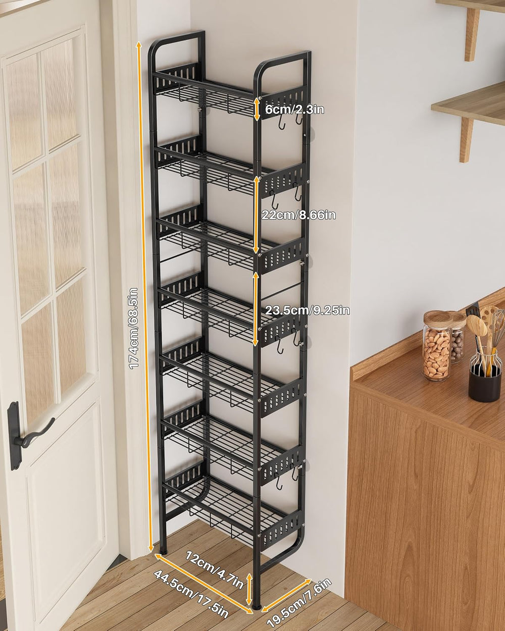 7 Tier Metal Tall Narrow Storage Shelf with Hooks