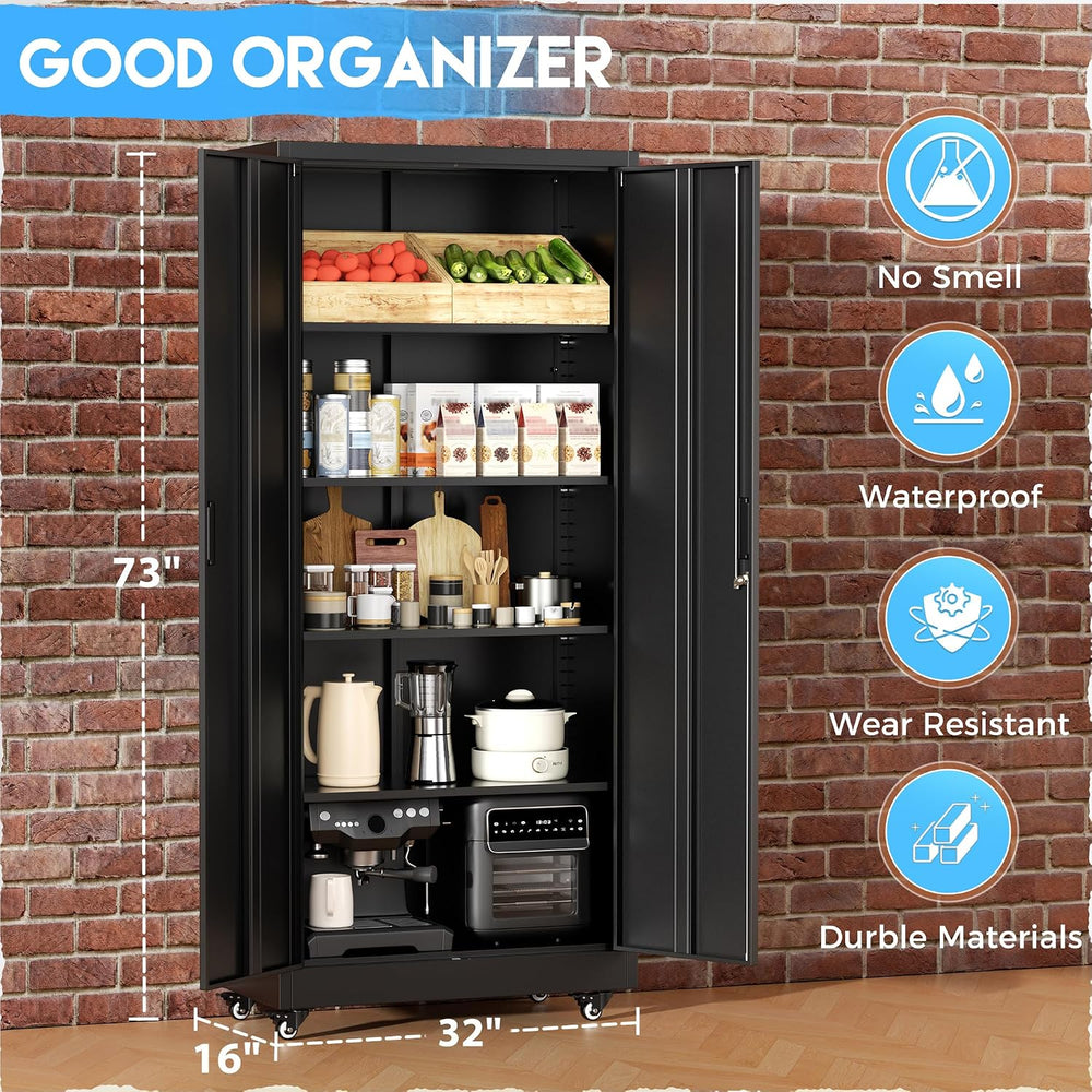 Greenvelly Metal Garage Storage Cabinet with 4 Swivel Wheels, 73" Black ...