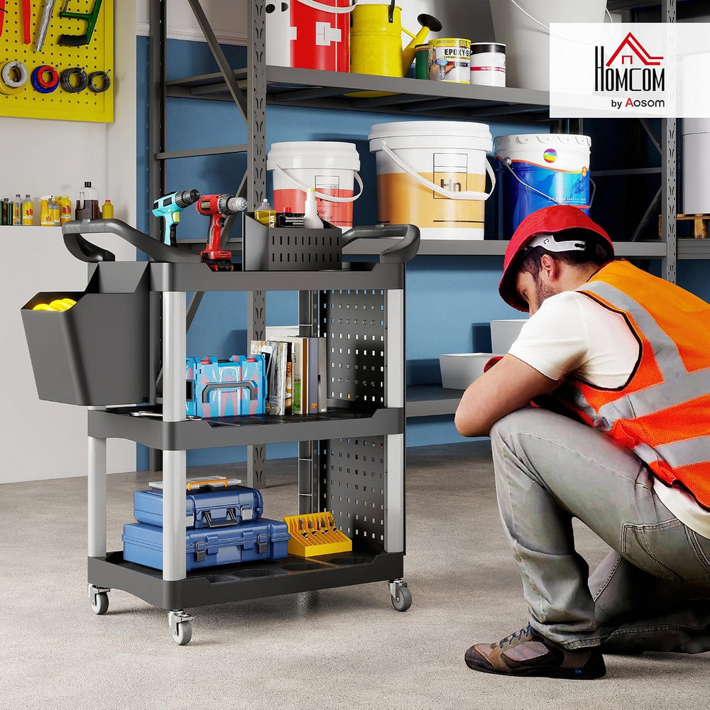 HOMCOM 3 Tier Utility Cart on Wheels with Pegboards, Black and Light Gray