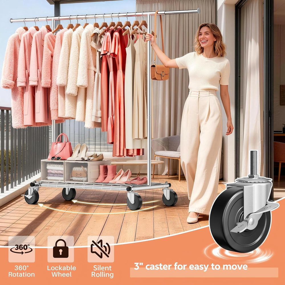 Heavy Duty Clothes Rack, Rolling Clothing Rack Load 420 LBS, Silver