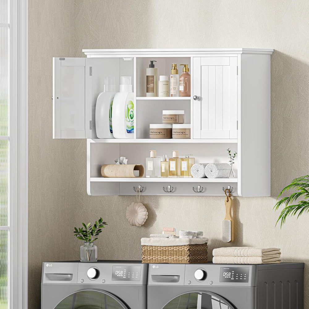 Keehusux 11.8"D x 31.5"W Bathroom Wall Cabinet with Doors and Hooks...