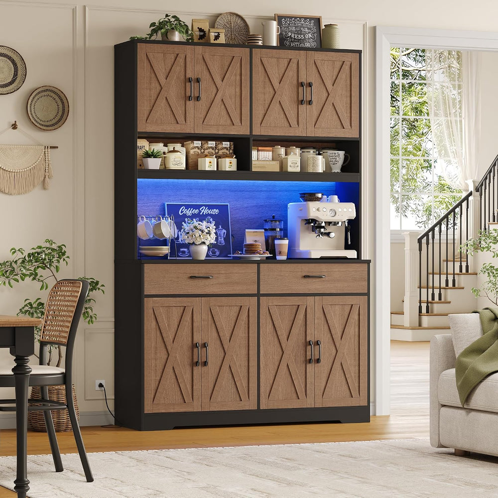 HOSTACK 75" Tall Kitchen Pantry Storage Cabinet, 45"W Hutch, Brown/...