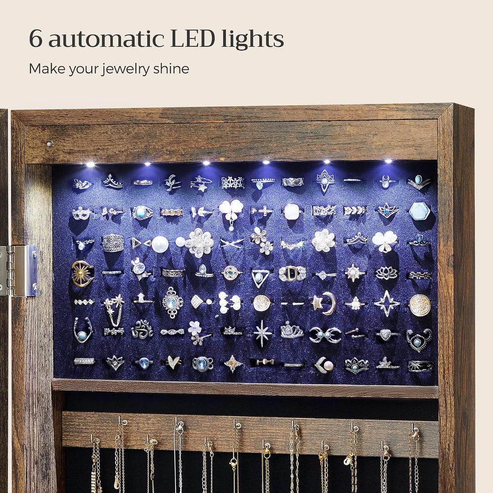 SONGMICS 6 LEDs Mirror Jewelry Cabinet, 47.2-Inch Tall, Lockable