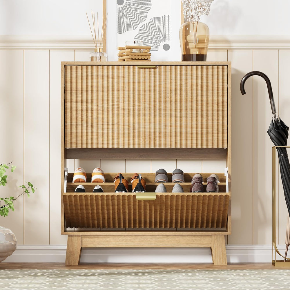 HUANLEGO Shoe Cabinet Storage for Entryway with 2 Flip Drawers, Fluted Narrow...