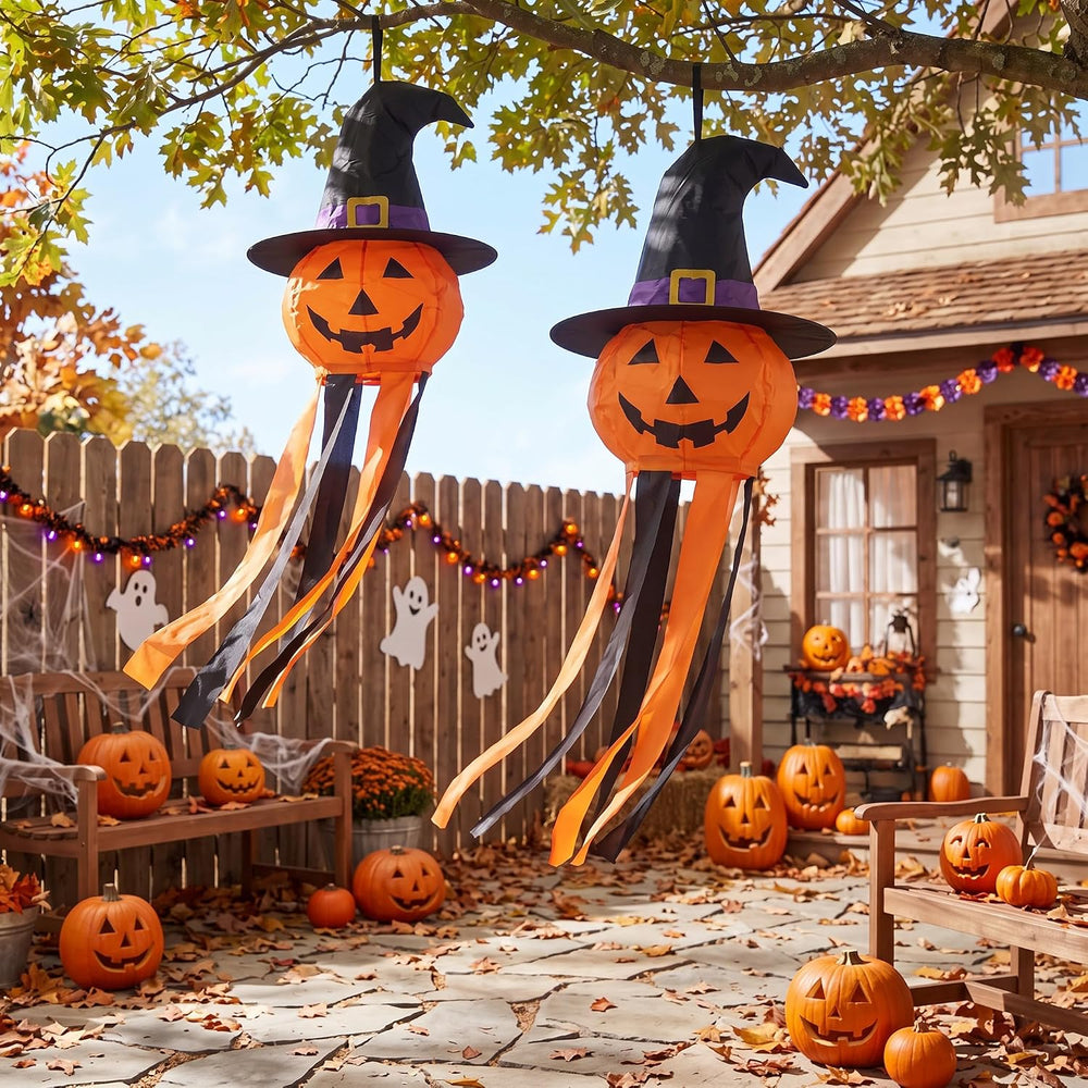 2 Pcs Halloween Pumpkin Windsocks Decoration 40'' Outdoor Ghost Winds...