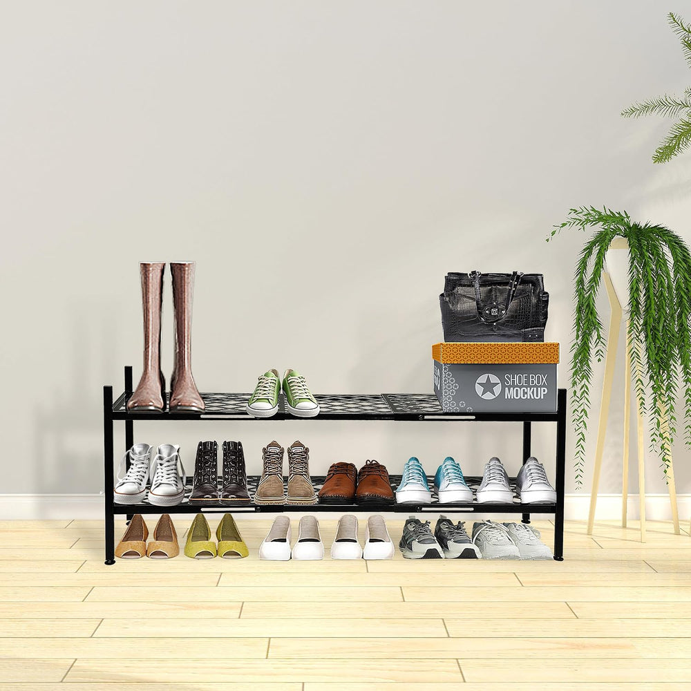 Long Expandable Metal Shoe Rack for Closet, Entryway, Garage, 2-Tier, Black