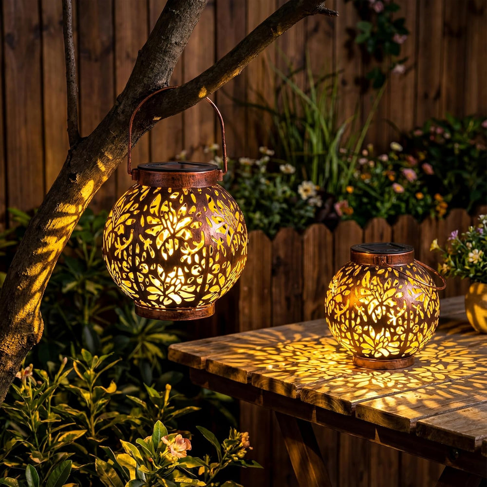 JOIEDOMI 2 Pack Outdoor Solar Hanging Lantern Lights, Waterproof Tabletop wit...
