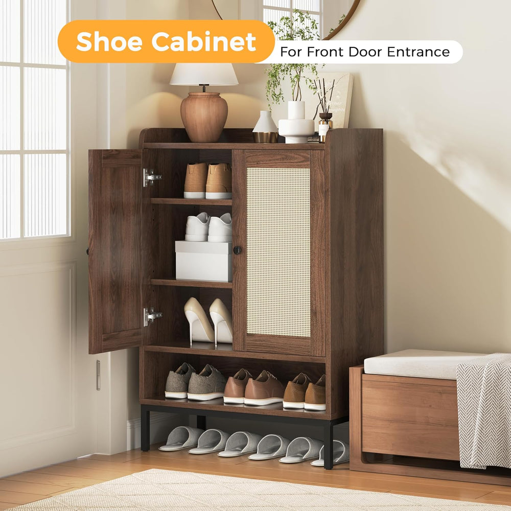 JASIWAY Shoe Cabinet for Entryway, Rattan Shoe Rack Organizer with Doors