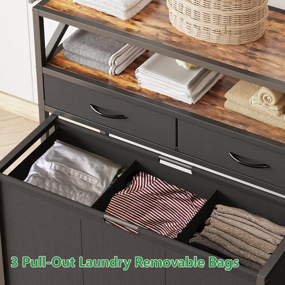 150L Laundry Sorter Hamper 3 Section with 2 Shelves & 2 Drawers