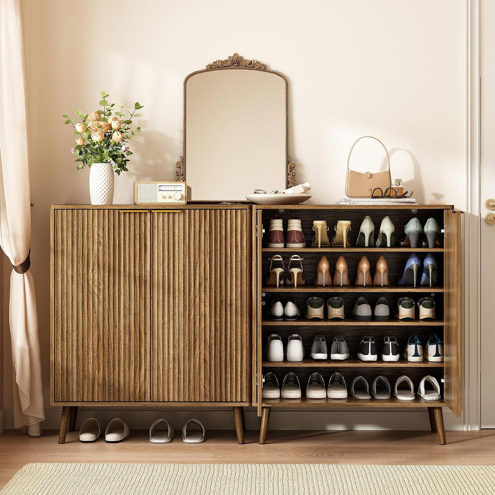 5-Tier Shoe Storage Cabinet with Adjustable Shelves, Natural Oak丨Fluted Shoe ...