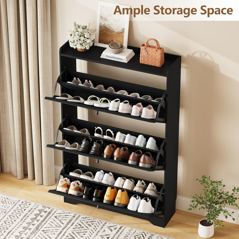 BORNOON Shoe Storage Cabinet with 3 Flip Drawers and Modern Wave-Edge Fluted ...
