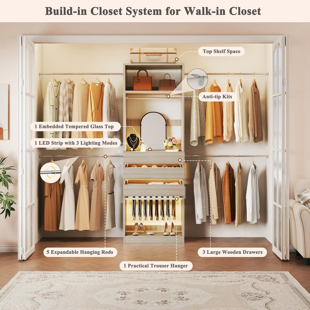 Closet System, 4-8 FT Closet Organizer with 3 Wood Drawers & Glass Top, Oak