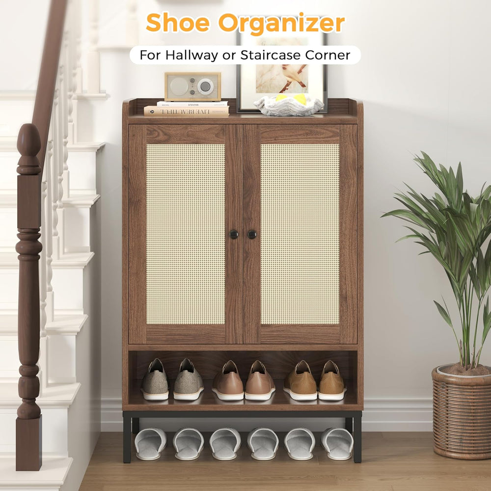 JASIWAY Shoe Cabinet for Entryway, Rattan Shoe Rack Organizer with Doors