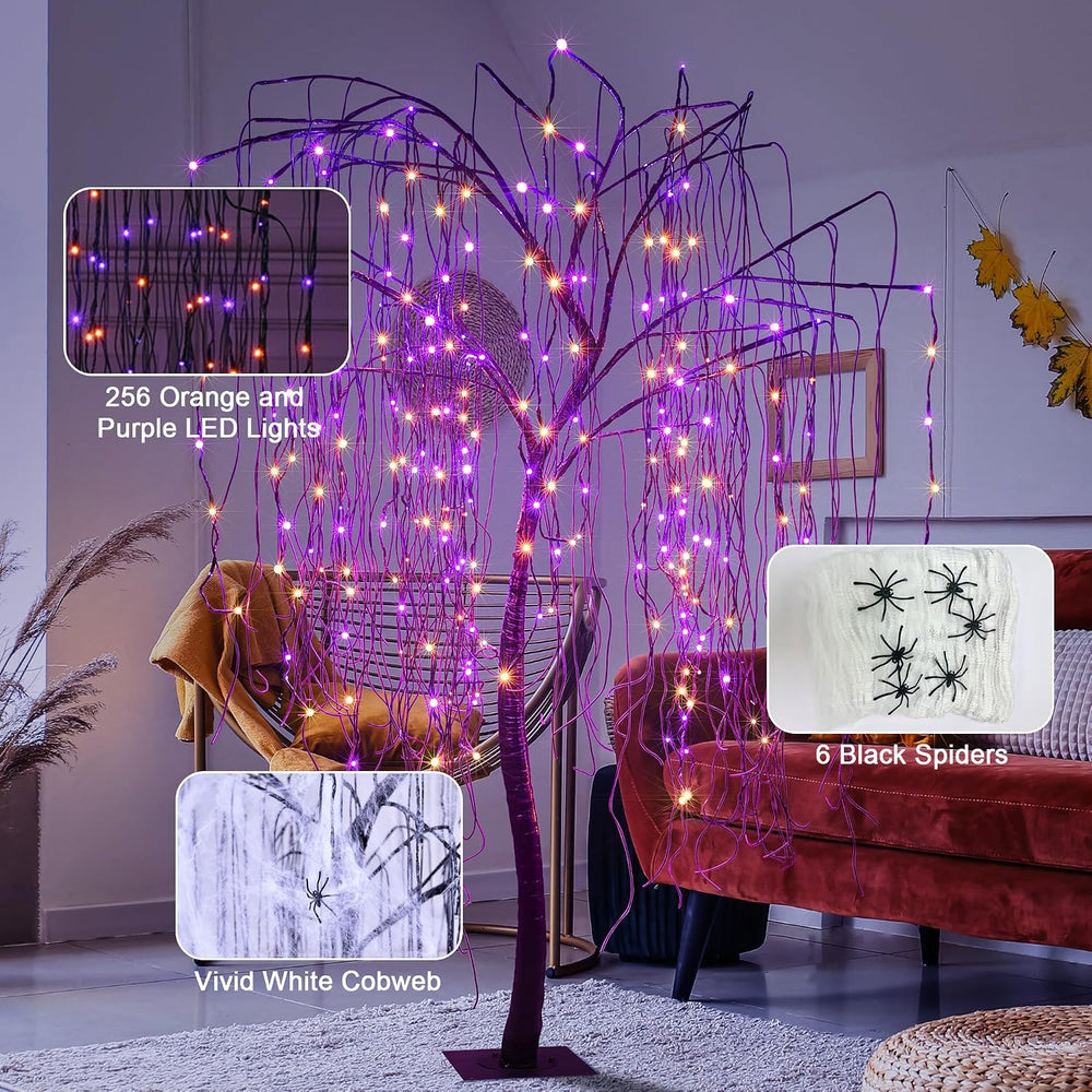 7 FT Halloween Lighted Willow Tree 256 LED Orange and Purple Lights Artificia...