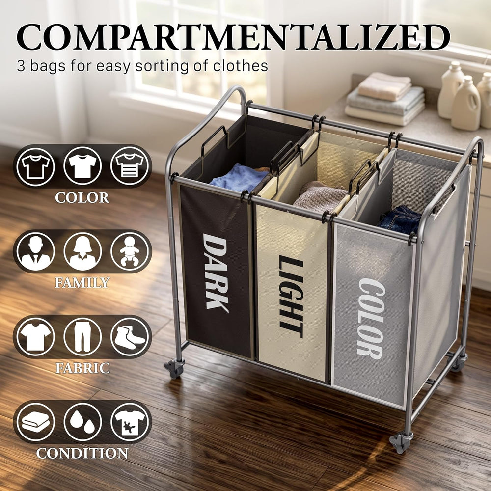 Simple Houseware Heavy Duty 3-Bag Laundry Sorter Rolling Cart, Assorted