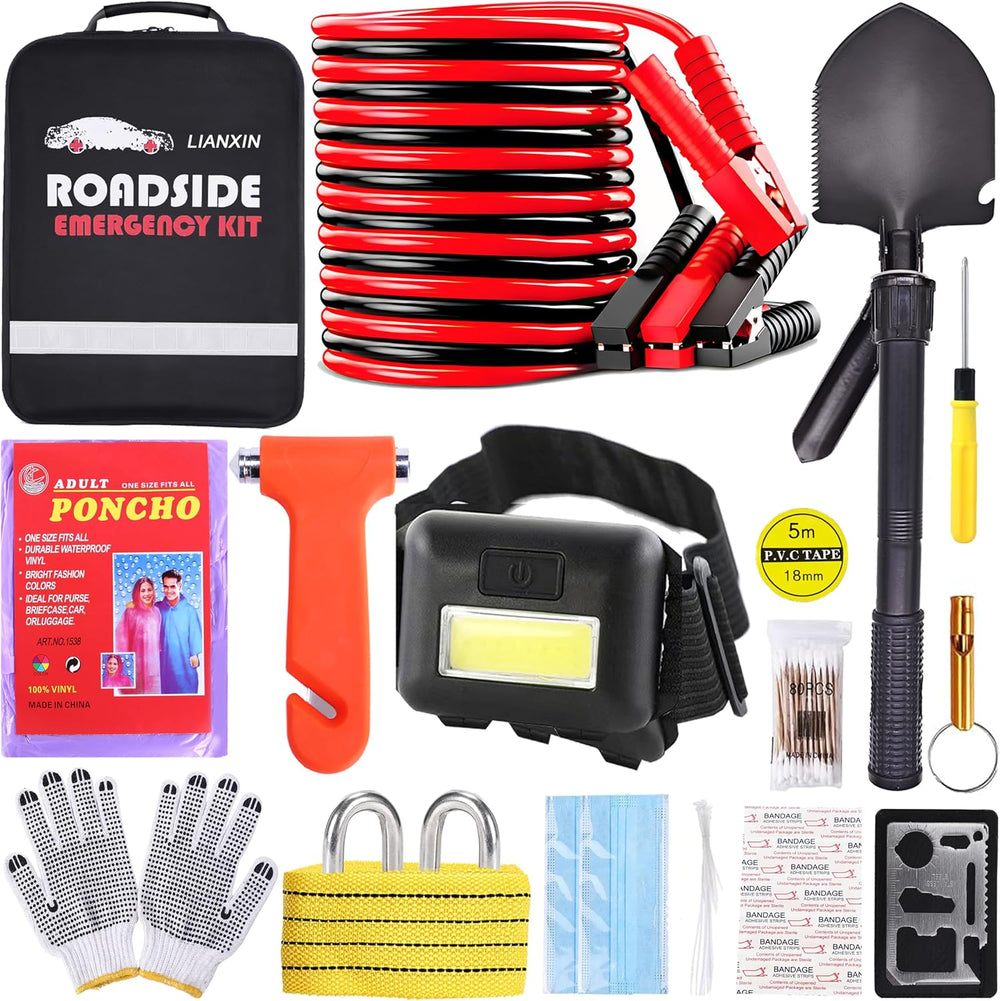 LIANXIN Emergency Roadside Car Kit, Car Safety Kit with Jumper Cables