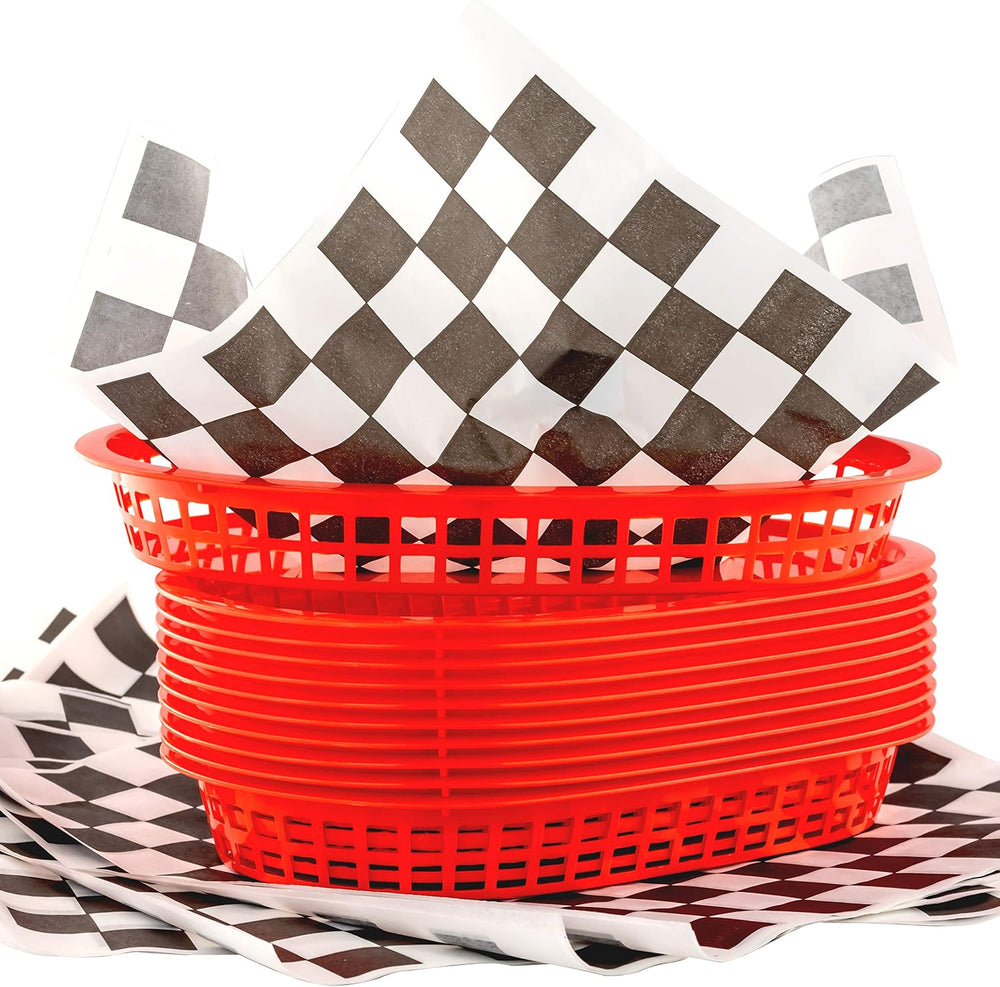 Retro Style Red Fast Food Basket (12Pk) and Black Checkered Deli Liner (120Pk...