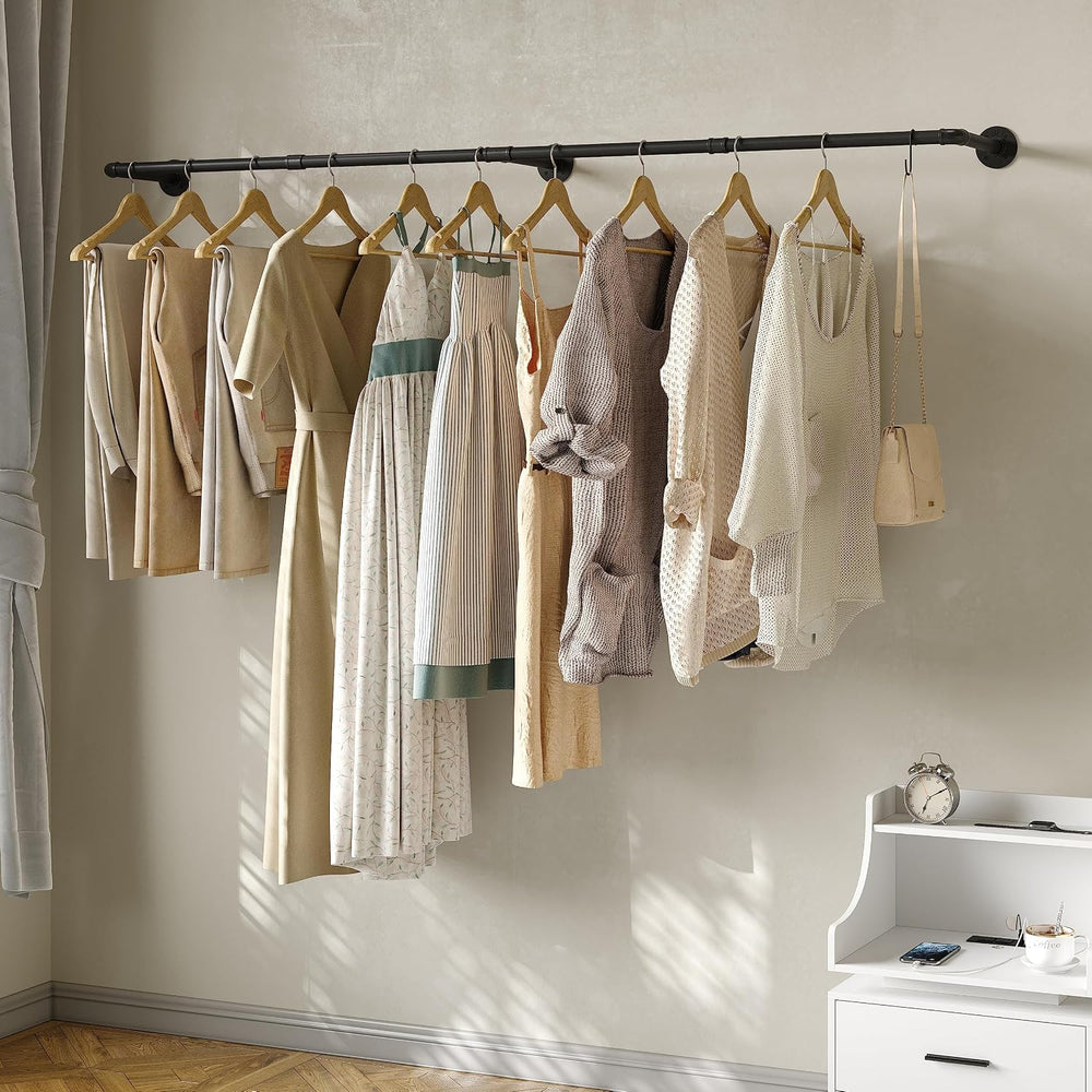 Industrial Pipe Clothes Rack with 3 S-shaped Hooks, 72’'L Wall Mounted Ga...