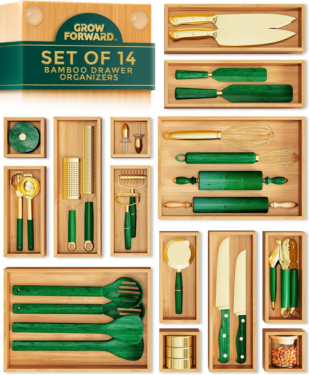 Grow Forward Bamboo Drawer Organizer Boxes - Set of 14 Wooden Drawer Organize...