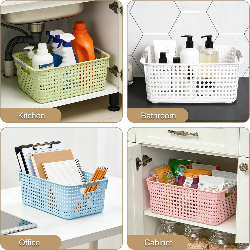 Soddeph 4-Pack Hollow Plastic Storage Baskets with Handles (Blue, Medium)