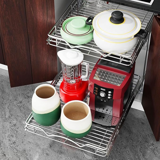 HOLDN’ STORAGE Two Tier Pull Out Cabinet Organizer, Individual Sliding Drawers