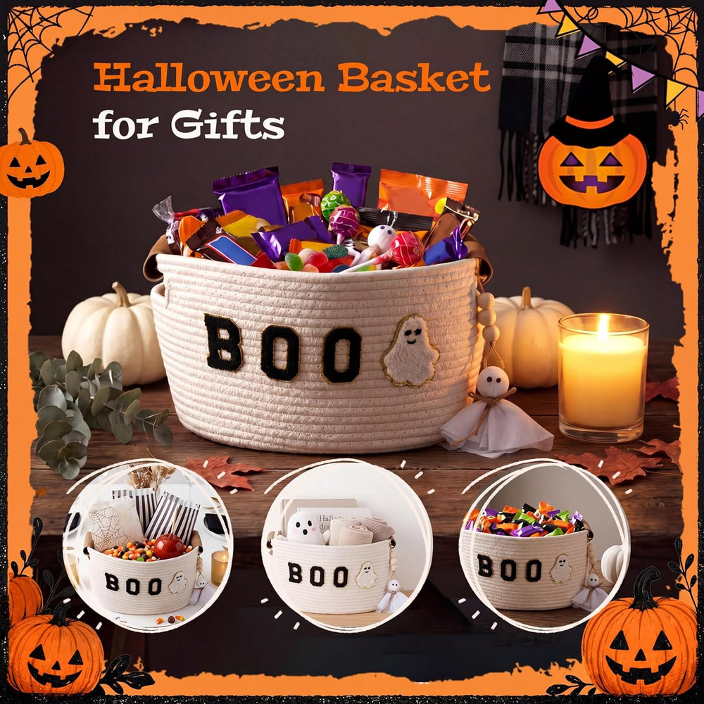 Halloween Woven Rope Basket with Mini Ghost Ornament