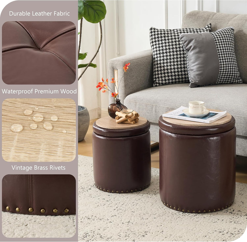 Royal Windsor Round Ottoman with Storage Set of 2, Faux Leather Button Tufted...