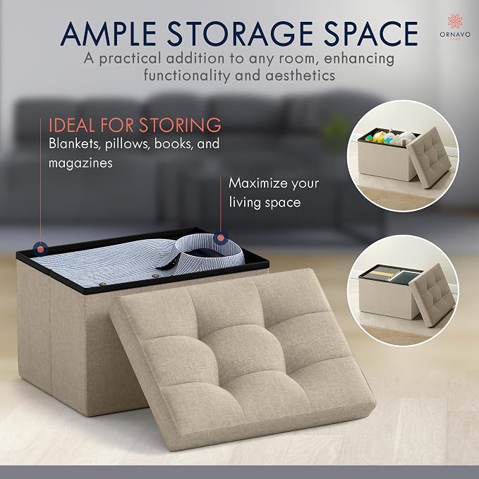 Ornavo Home Small Storage Ottoman, Foldable Collapsible Rectangle Linen Ottom...